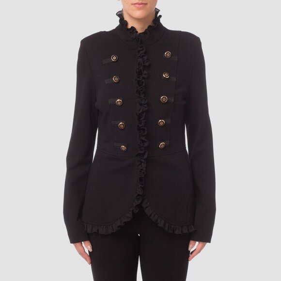 Joseph Ribkoff Black Ruffle Trim Jacket Designer Double-Breasted Blazer Size 8 - Picture 1 of 9